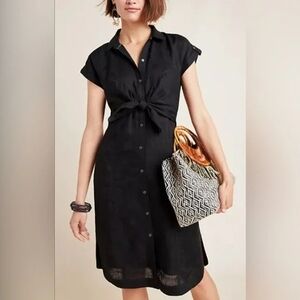 Anthropologie Maeve Shirt Linen Black Tie Front Kamryn Midi Dress 14